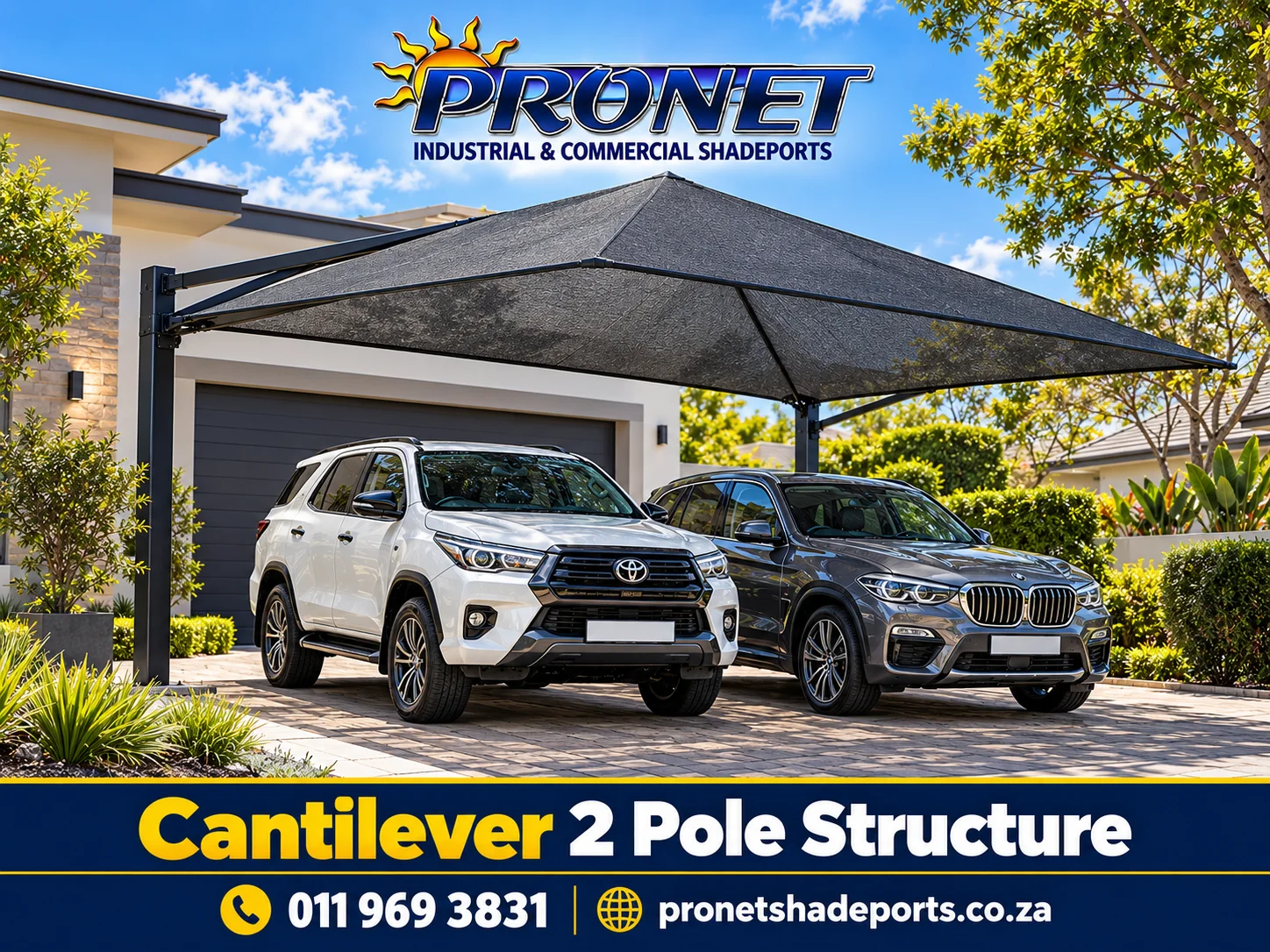 Pyramid-shaped shade net carport concept with two rear support poles and open front access