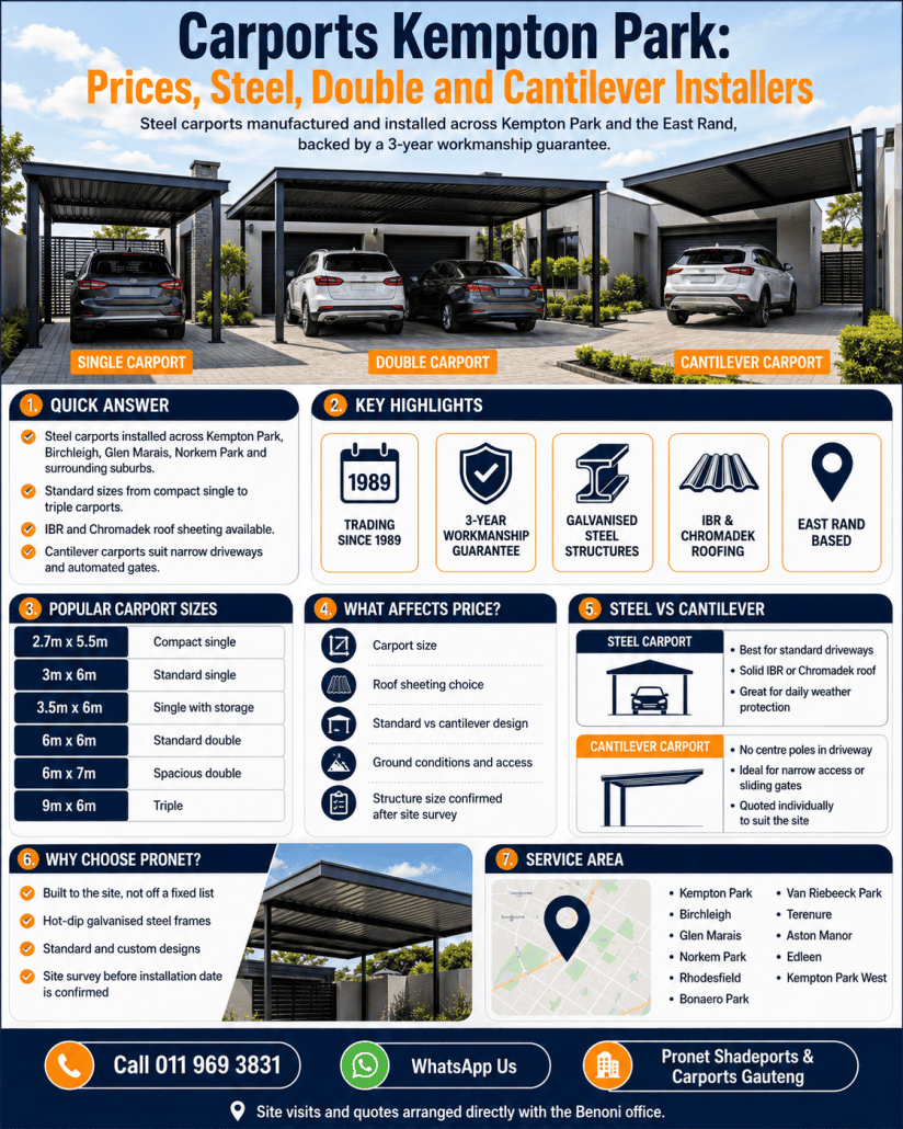 Carports Kempton Park: Prices, Steel, Double and Cantilever Installers