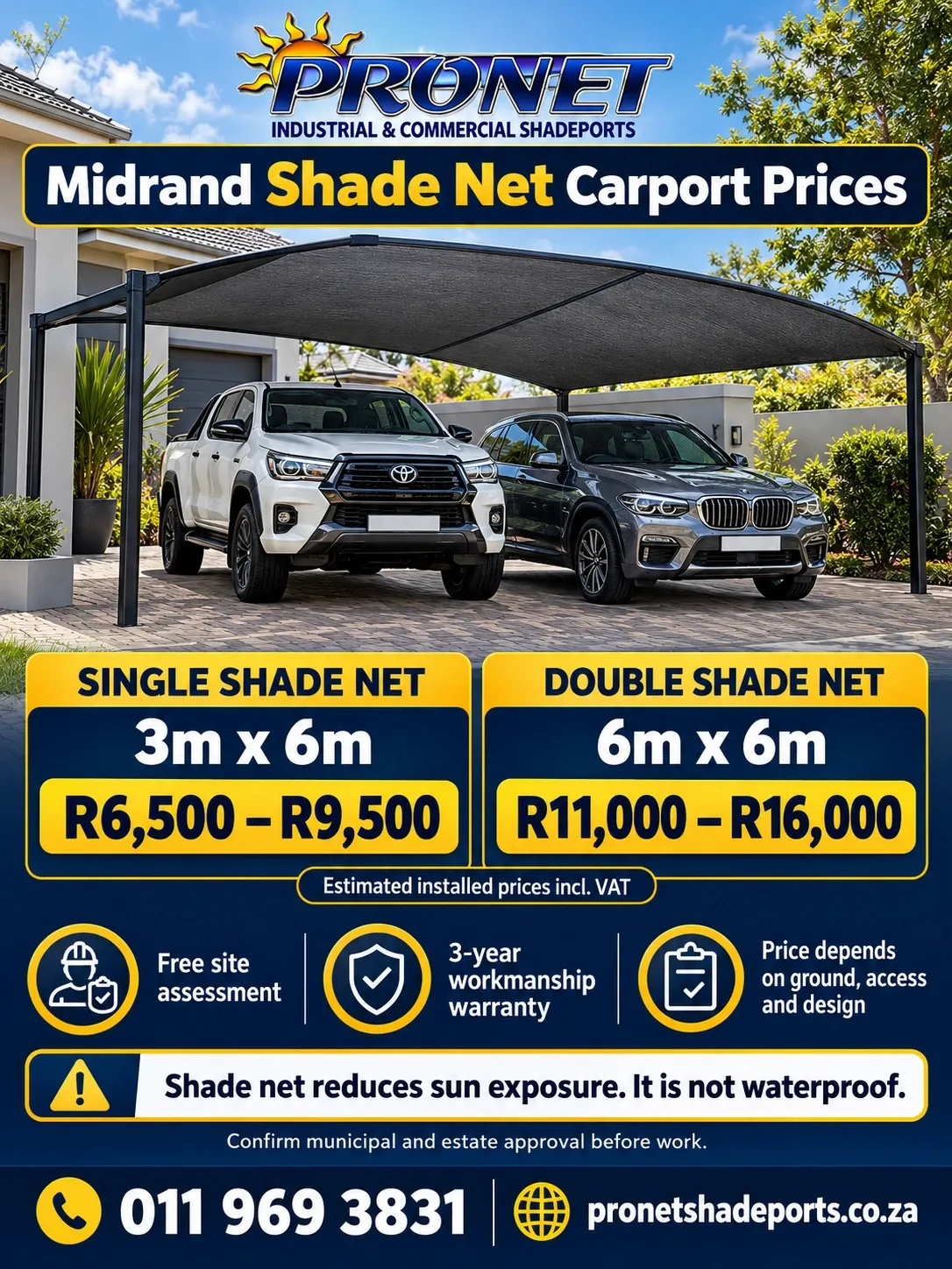 Midrand shade net carport prices, single and double sizes, site assessment and warranty