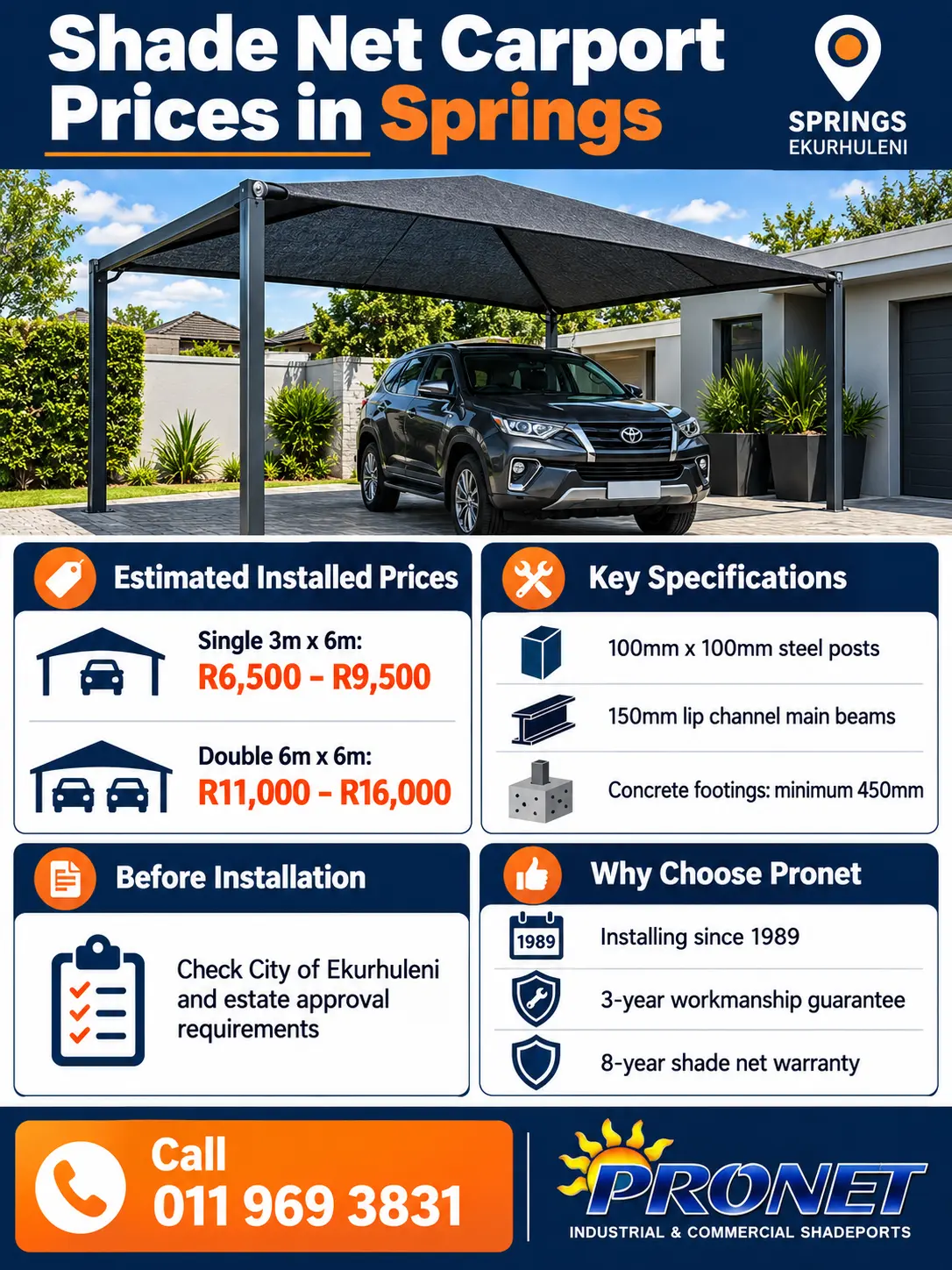 Shade net carport installation prices and specifications in Springs